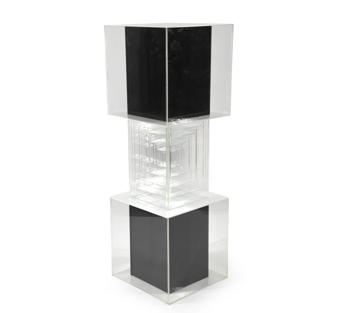 VICTOR VASARELY LAMIA ABSTRACT ACRYLIC SCULPTURE: Titled "Lamia", numbered 143, dated 1967 to underside. Dimensions: H 36.5" x W 12" x D 12". Condition: Light scuffs, wear consistent with age.