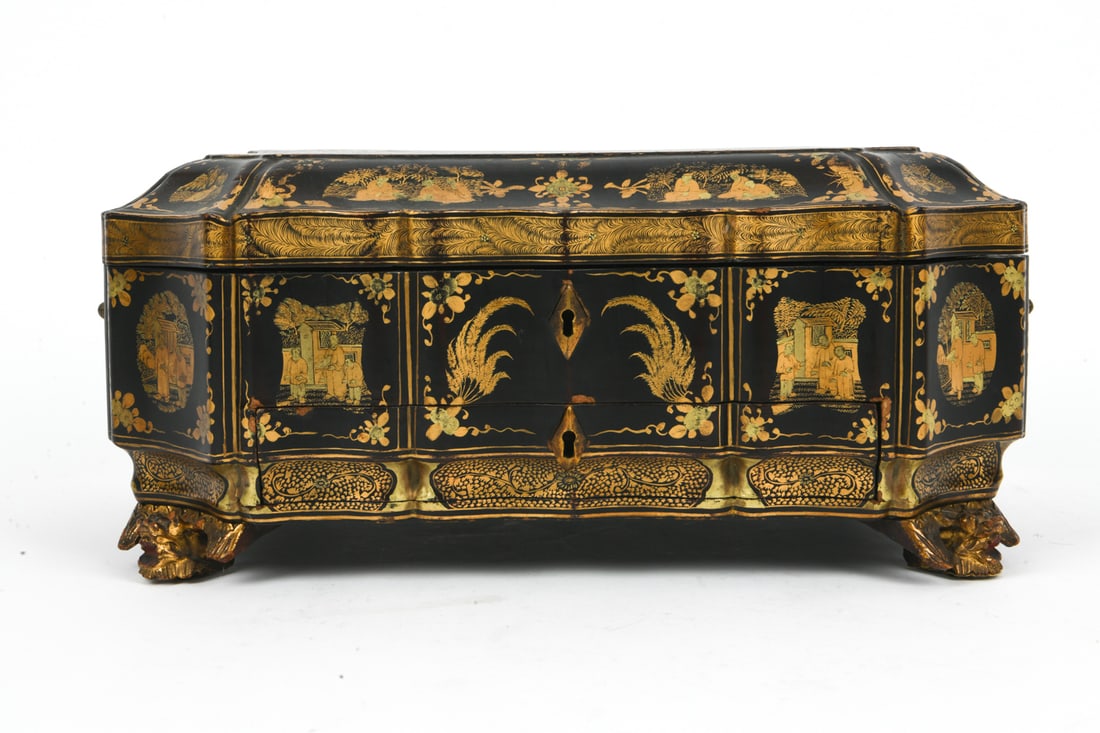 CHINESE EXPORT BLACK LACQUER SEWING BOX - 4