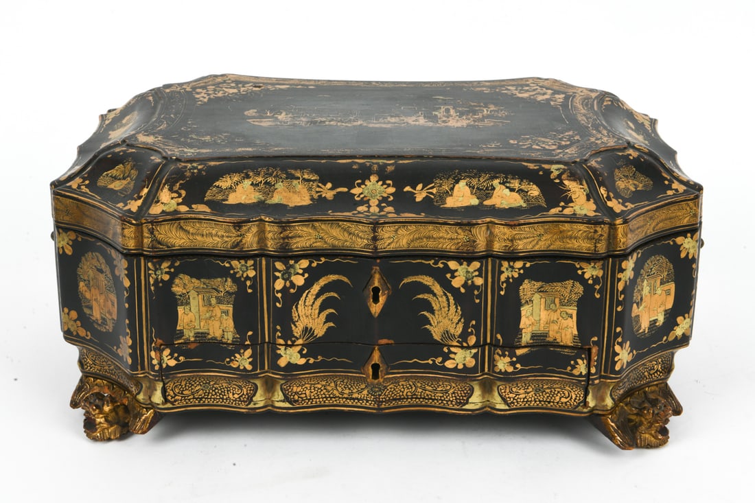 CHINESE EXPORT BLACK LACQUER SEWING BOX - 5