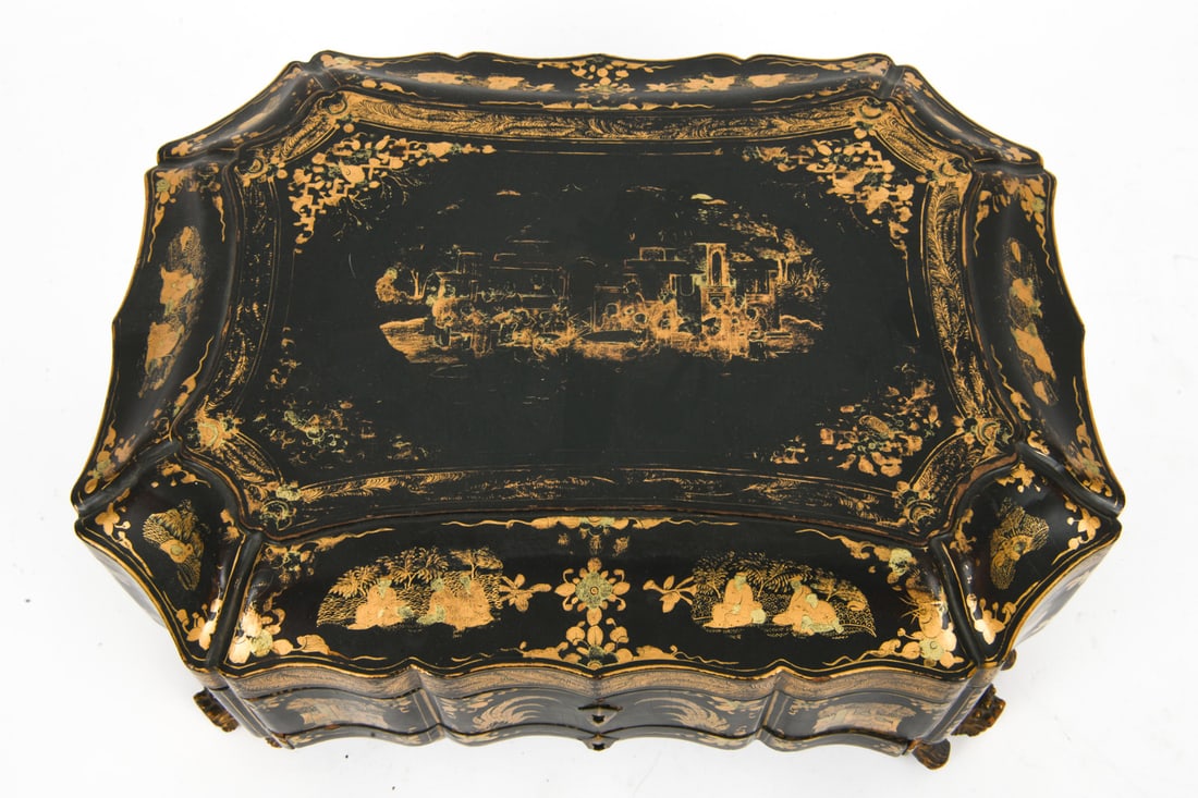 CHINESE EXPORT BLACK LACQUER SEWING BOX - 7