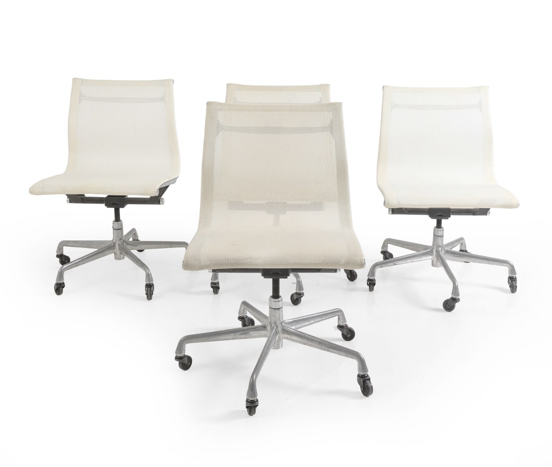 HERMAN MILLER MANAGEMENT MESH OFFICE CHAIRS: Dimensions: H 35" x W 20" x D 20.25" x SH 19.75". Condition: Fading to fabric with few discolored spots, soiling. Patina to bases. Wear consistent with age and use.
