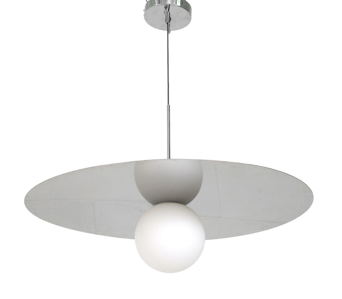 PABLO CHROME FINISH CEILING LIGHT: Tagged to canopy. Includes a flush mount fixture option as shown in photos, in original box. Dimensions: H 30" x Dia. 31.5". Condition: Wiring untested. Light scuffs and scratches. Wear consistent