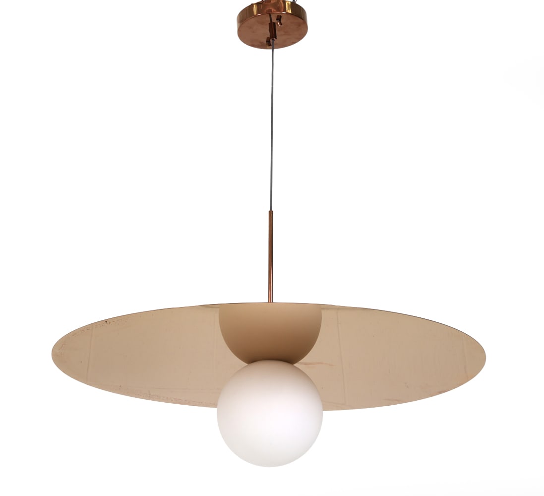 PABLO COPPER FINISH CEILING LIGHT: Tagged to canopy. Includes a flush mount fixture option as shown in photos, in original box. Dimensions: H 30" x Dia. 31.5". Condition: Wiring untested. Light scuffs. Wear consistent with age and use.