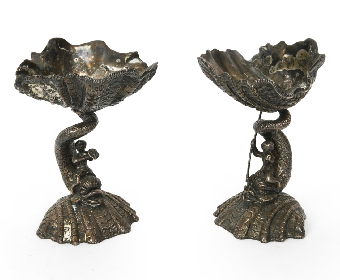 ANTIQUE BARKER ELLIS ENGLISH SILVERPLATE SALTS: England, late 19th century. Marked underneath. Dimensions: H 5.5" x W 4" x D 3.5" Condition: Natural patina. Wear consistent with age and use.