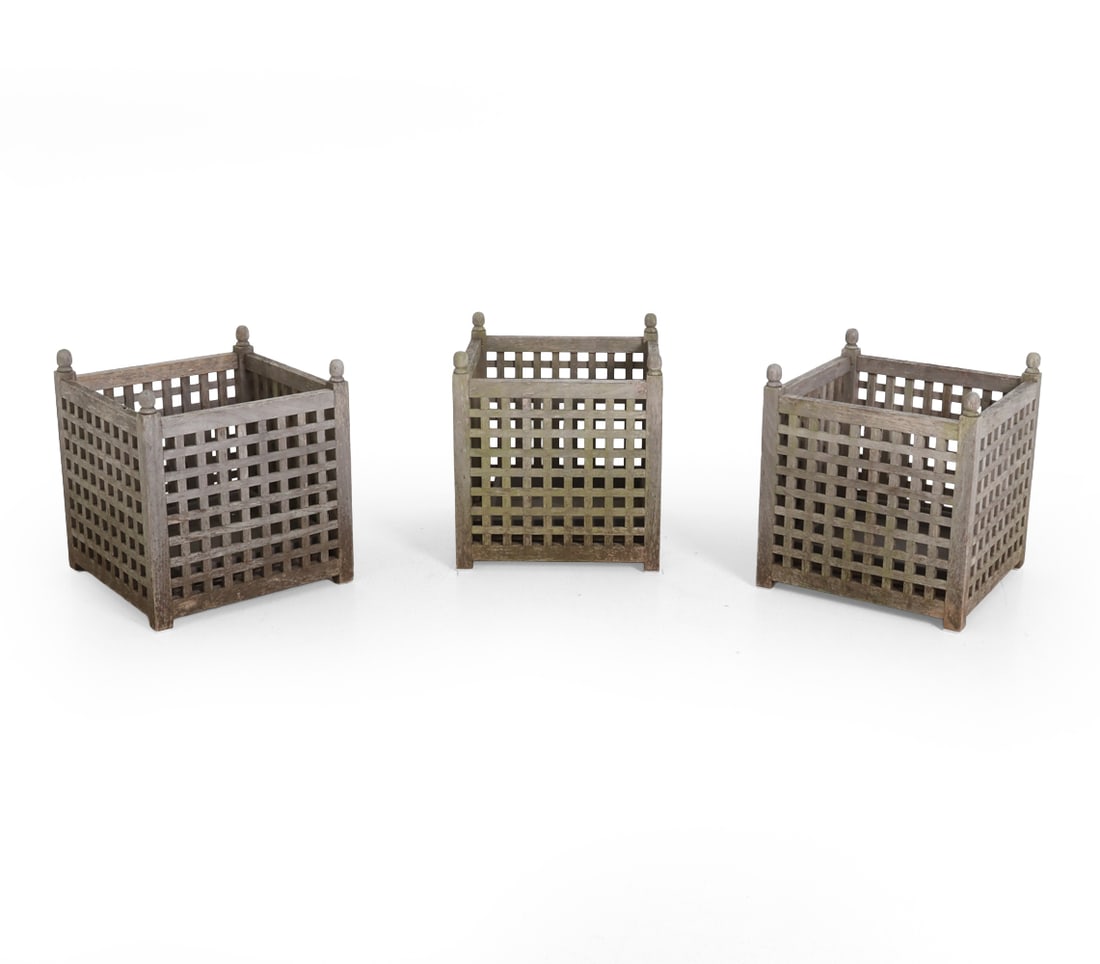 OUTDOOR TEAK PLANTER GROUPING: (3) Planters total. Dimensions: H 19" x W 17.25" x D 17.25". Condition: Sun fading and lichen growth. Wear consistent with age and use.