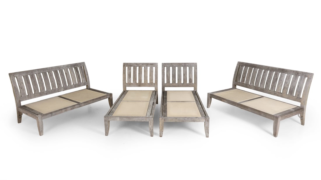 KINGSLEY BATE TEAK OUTDOOR SUITE: Including two chaise lounges and two benches. Dimension: (Sofa) H 33.25" x W 55" x D 31" x Sh 12" (Chaise) H 33.25" x W 27.5" x D 55" x Sh 12" Condition: No cushions included. Loss of finish to