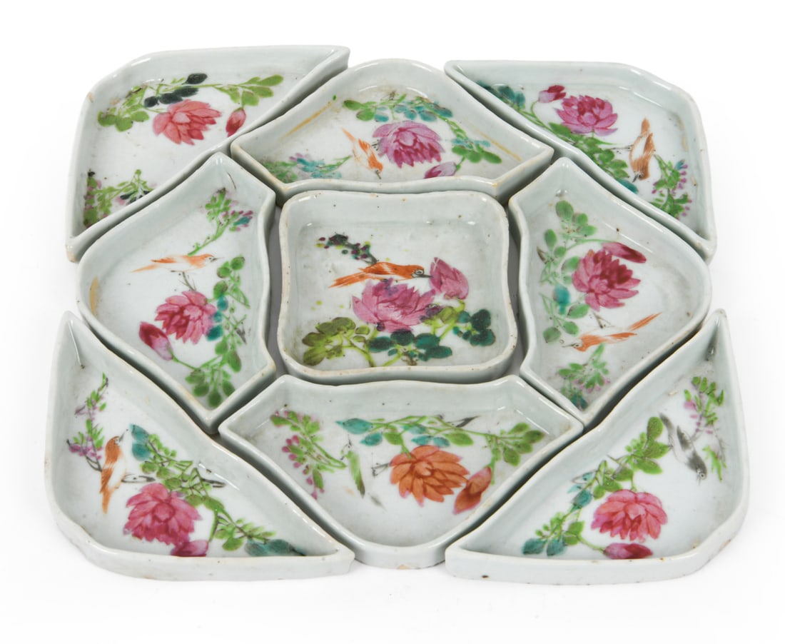 ANTIQUE CHINESE FAMILLE ROSE SWEETMEAT DISHES: China, circa late 19th to early 20th century. Porcelain. Dimensions: H 9.5" x W 10.5" Condition: Minimal chips, scratches, and wear to finish. Wear consistent with age and use.