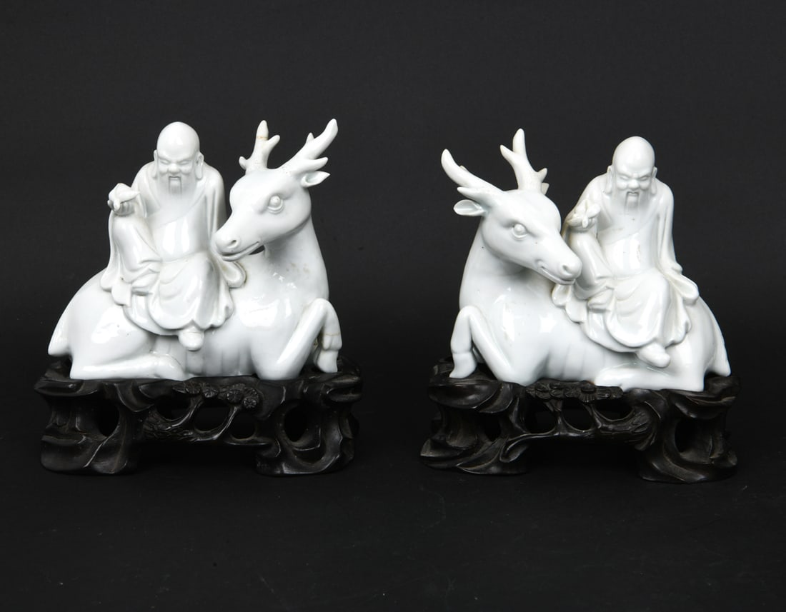 CHINESE BLANC DE CHINE PORCELAIN DEHUA FIGURES: Apparently unmarked. Dimensions: In Bases H 7.75" x W 6.5" x D 3.5". Condition: Previous repairs and cracks to one. Other signs of wear consistent with age.