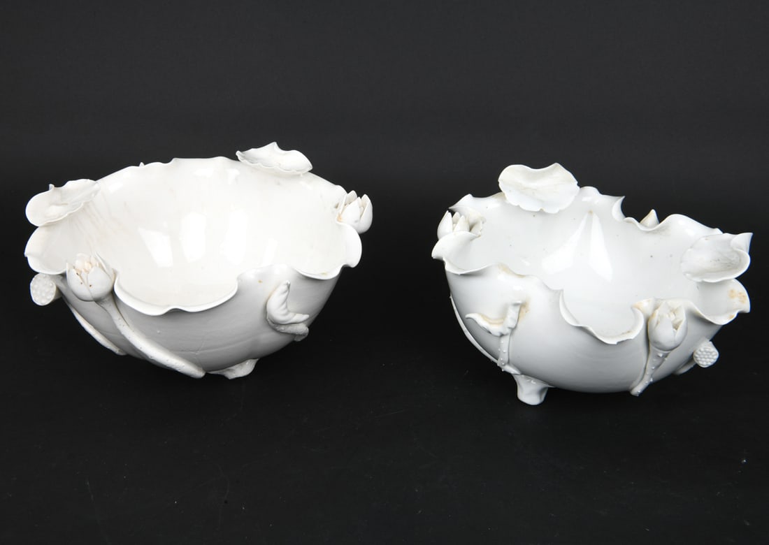 PAIR OF CHINESE BLANC DE CHINE PORCELAIN BOWLS: Dimensions: H 4.5" x Dia. 8". Condition: Surface soiling. Wear consistent with age and use.