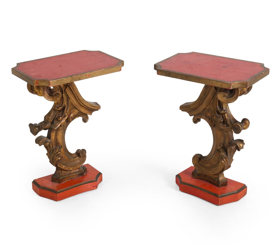 (2) ITALIAN BAROQUE STYLE SIDE TABLES: Painted and gilded wood. Dimensions: H 25" x W 12" x D 18" Condition: Scuffs and loss of finish throughout. Wear consistent with age and use.
