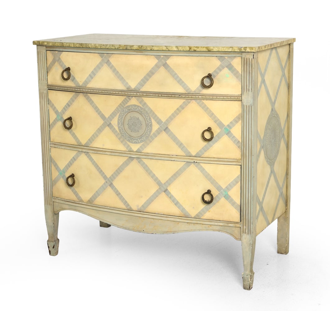 PAINT DECORATED CHEST OF DRAWERS: Dimensions: H 35" x W 36" x D 20". Condition: Scuffs, rubs, and few discolored spots. Wear consistent with age and use.