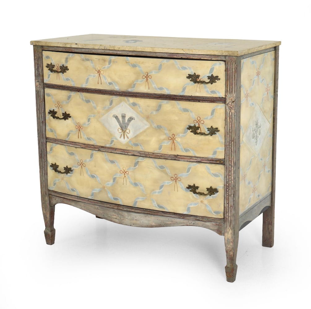 PAINT DECORATED CHEST OF DRAWERS: Hand painted wood and with metal pulls. Dimensions: H 35" x W 35.5" x D 18" Condition: Scuffs and scratches around edge and top surface. Splitting of wooden back panel. Wear consistent with age and