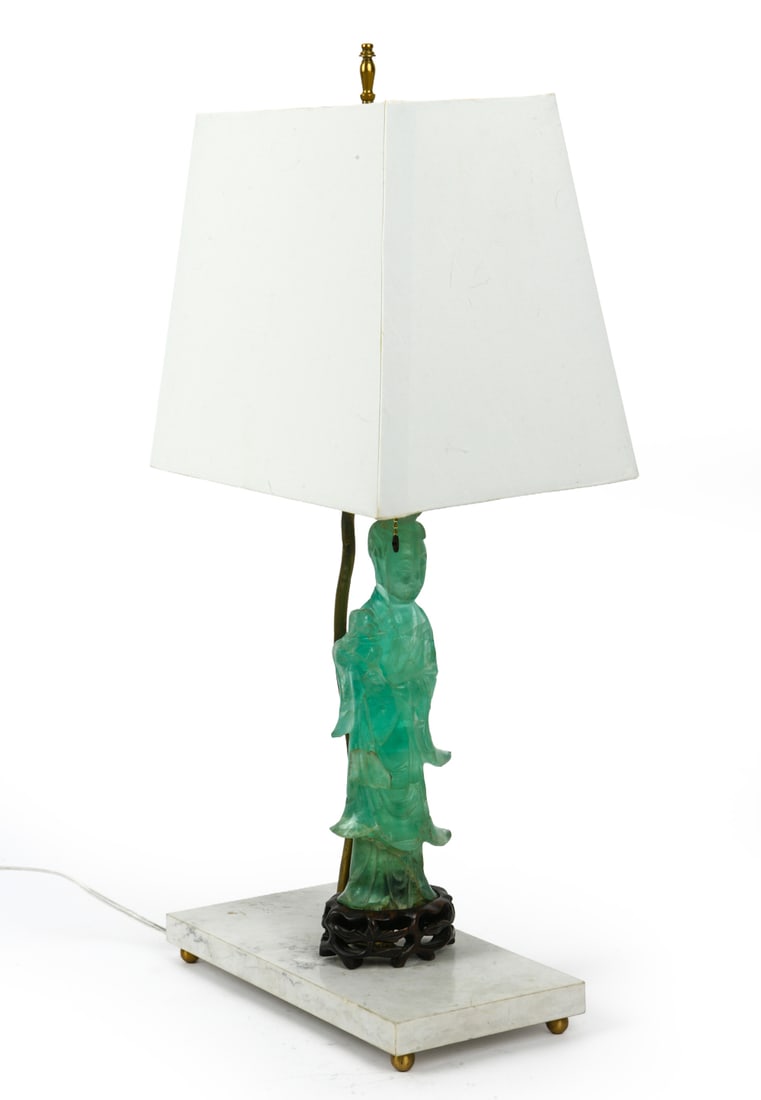 CHINESE JADEITE GUAN YIN TABLE LAMP: Dimensions: H 24" x W 12.5" x D 6". Condition: Wiring untested. Scuffs to figure and base. Wear consistent with age and use.