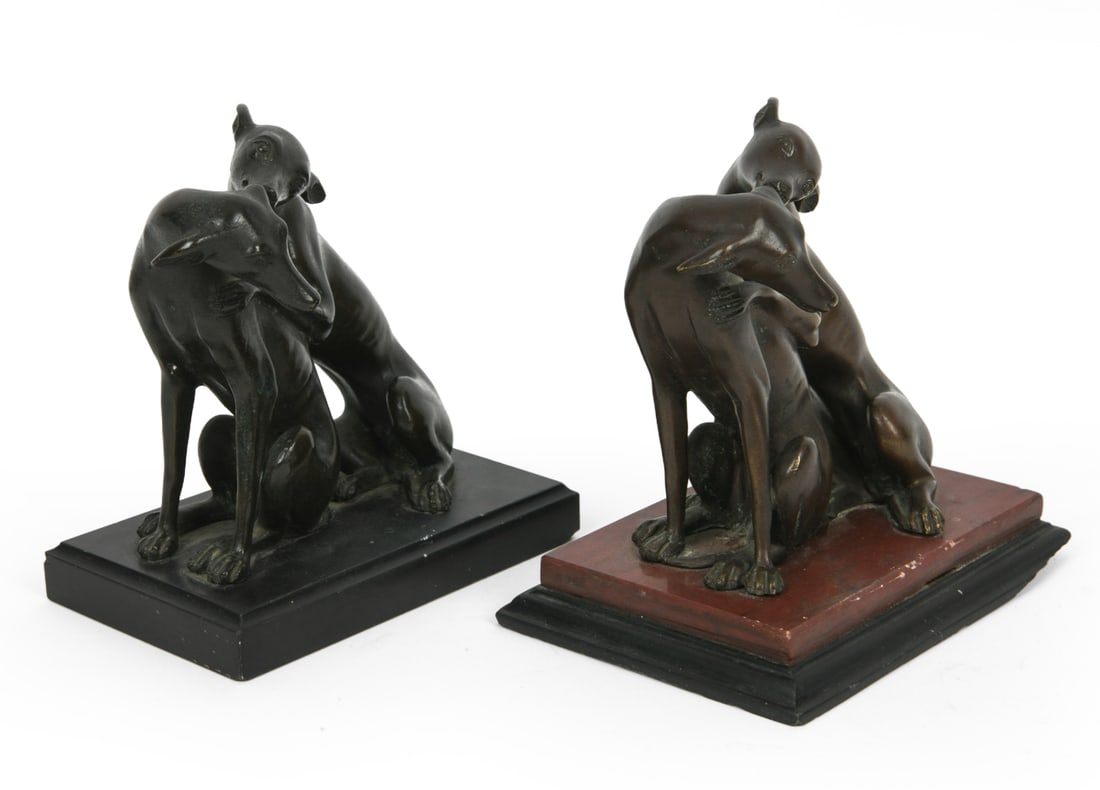 ANTIQUE BRONZE TOWNLEY GREYHOUNDS: 19th century grand tour reproductions Dimension: H 5.5" x W 3.25" x D 5.25" Condition: Loss to underside of one base, Dings and rubs to edges of base, Wear consistent with age and use.