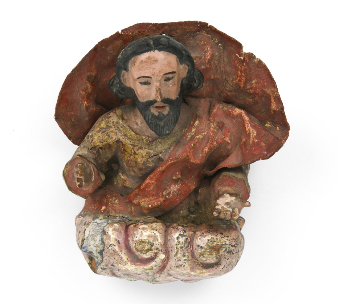 ANTIQUE SANTOS STATUE: Wood and painted fabric with metal piece on back. Marked. Spanish colonial period, circa 19th century. Dimensions: H 7.25" x W 7" x D 3.5" Condition: Missing fingers, cracking and chipping. Wear