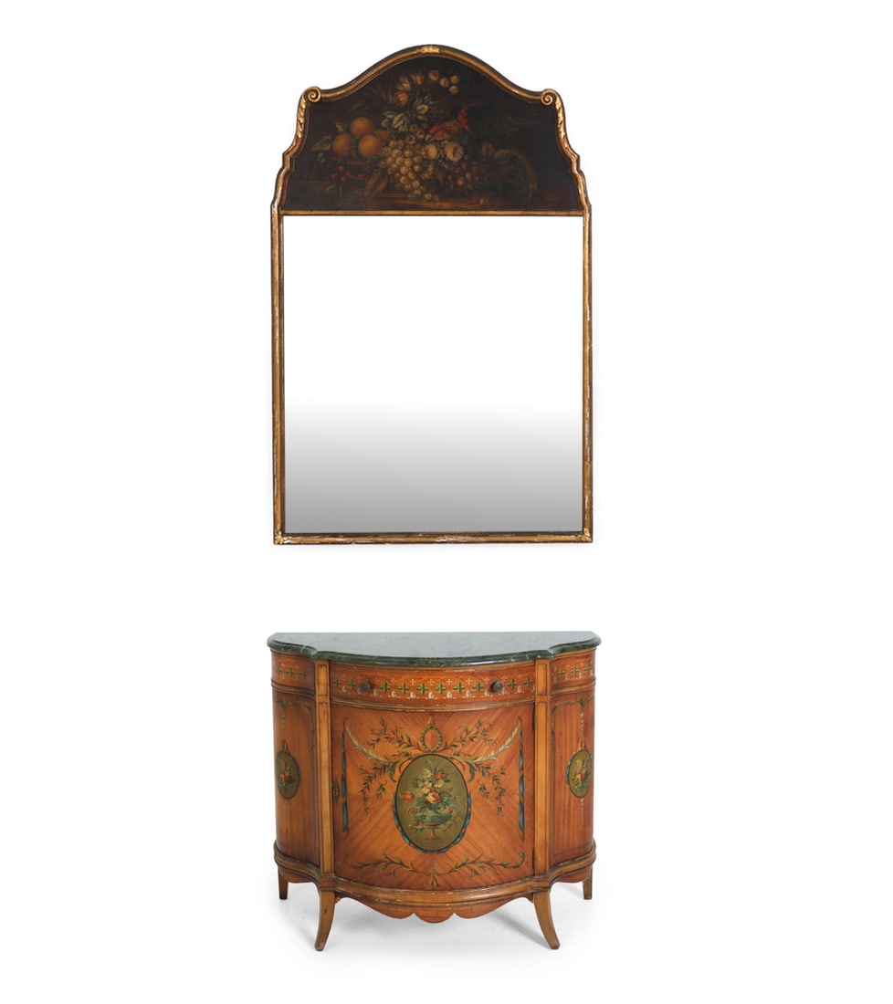 ADAMS STYLE DEMILUNE COMMODE WITH MIRROR: C. 1950S, made in USA. Dimensions: H 34.5" x W 40.25" x D 16.25" Condition: Scuffs around bottom. Marble top seperate. Wear consistent with age and use.