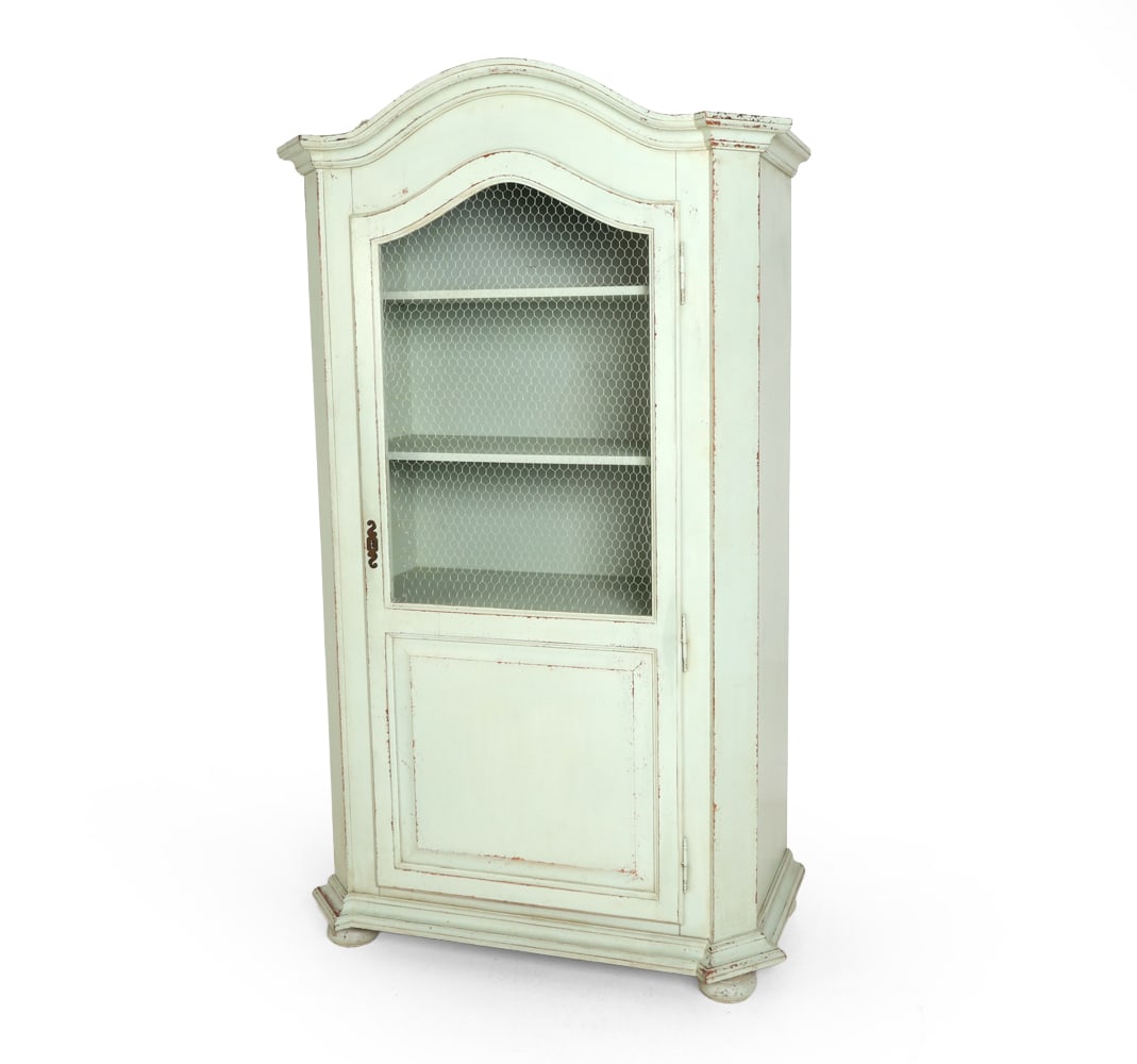 FRENCH PROVINCIAL STYLE PAINTED CABINET: Key included. Wooden cabinet in teal painted finish. Wire screen to cabinet door. 20th century. Dimensions: H 73" x W 43.25" x D 22.25". Condition: Wire detached to side of opening. Scuffs,