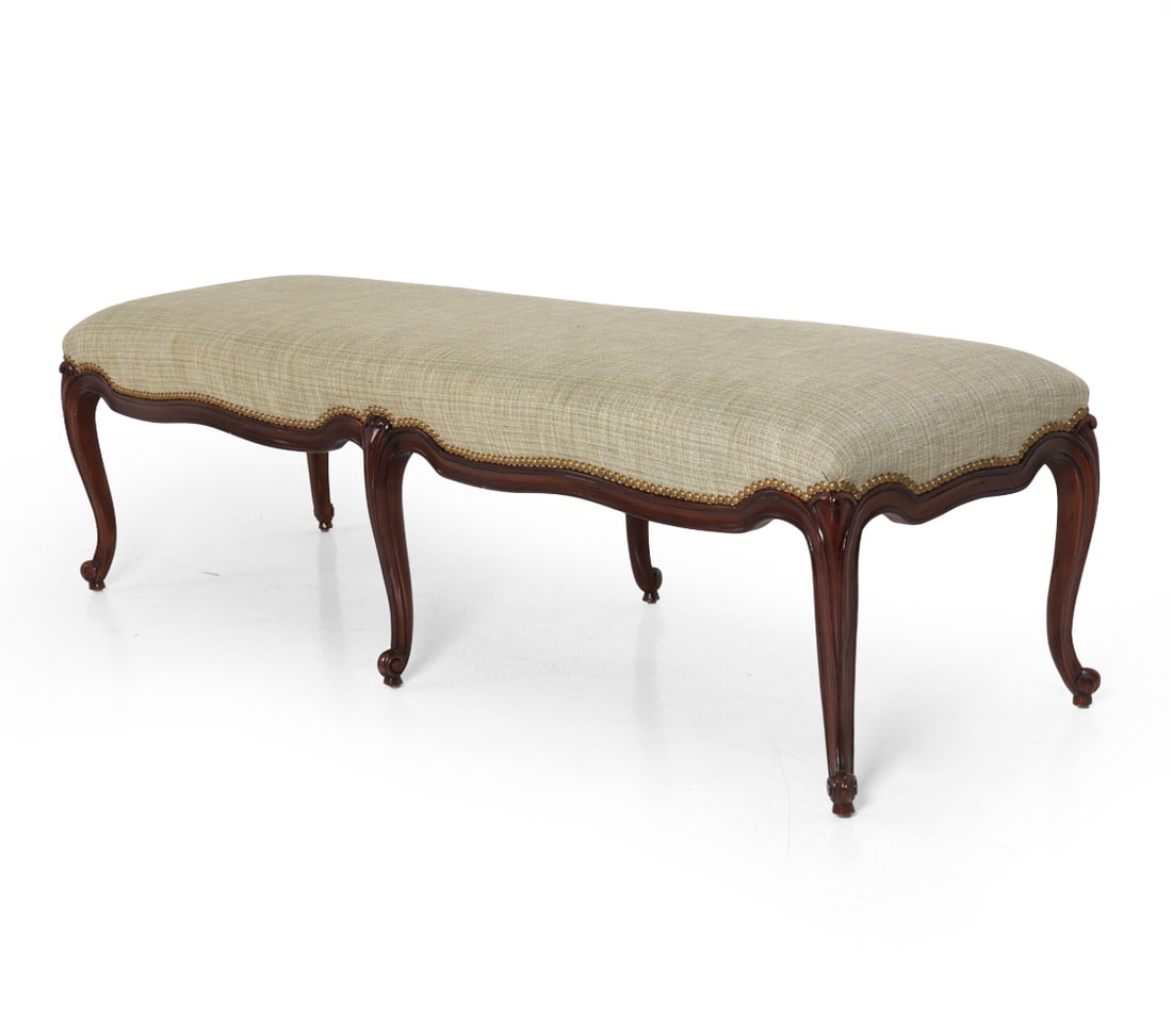 E. J. VICTOR FRENCH STYLE BENCH: Marked underneath. USA, circa 20th century. Dimensions: H 18.5" x W 63" x D 20" Condition: Wear consistent with age and use. Minor nicks, rubs to legs. Scuffs to upholstery. Small ding to bottom edge.