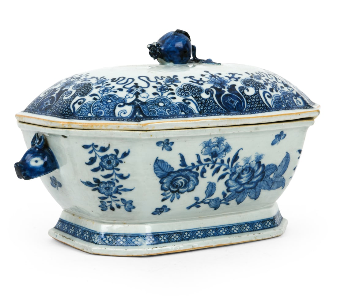 CHINESE BLUE AND WHITE PORCELAIN COVERED DISH: China, 19th century Dimensions: H 8.25" x W 14" x D 8.5" Condition: Wear consistent with age and use. Chips, scratches, and wear of finish.