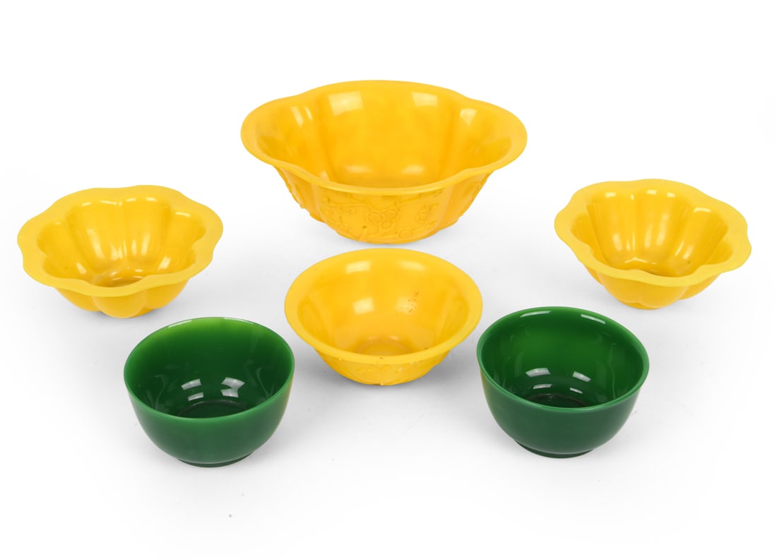 CHINESE PEKING GLASS GROUPING: Yellow pieces are marked underneath. Peking glass, some have foliate design. Dimensions: (Largest) H 3.25" x W 8.5" x D 6.5" (Medium) H 2.25" x W 5.5" x D 5.5" (Smallest) H 2.25" x W 4.5" x D 4.5"