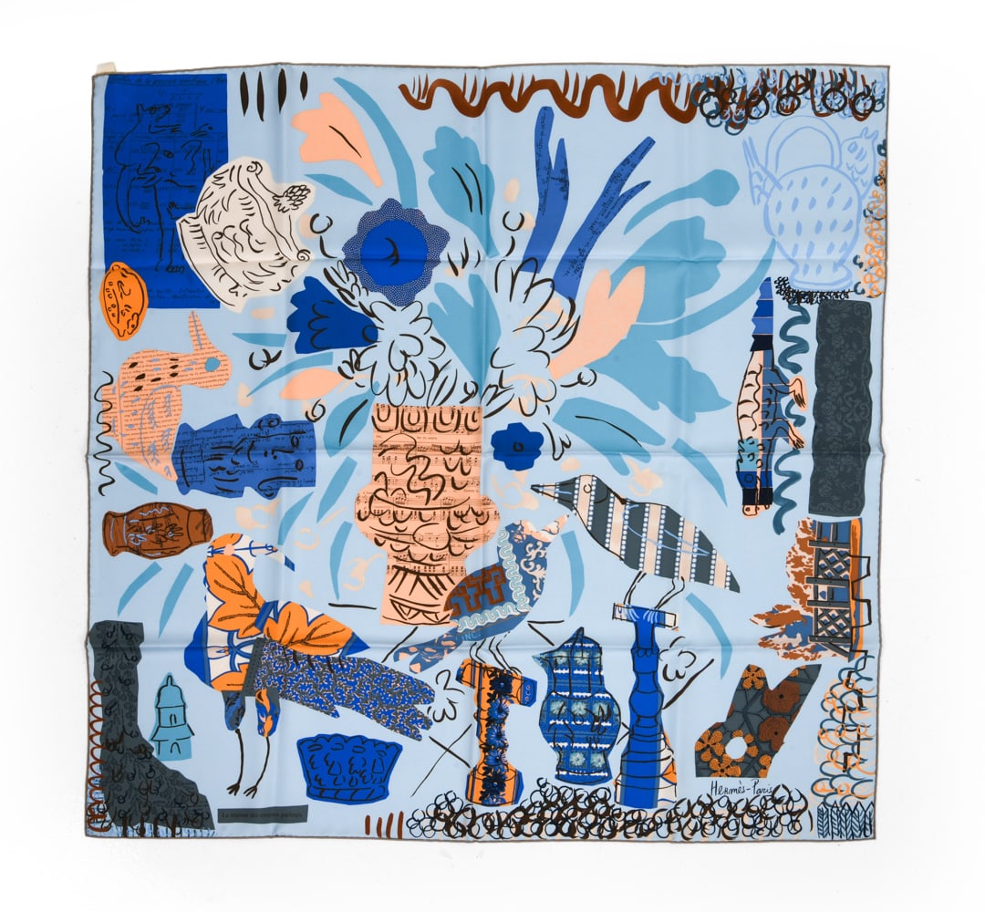 HERMES LA MAISON DES OISEAUX PARLEURS SILK SCARF: Dimensions: H 33.5" x W 33.5". Condition: Presents well overall.