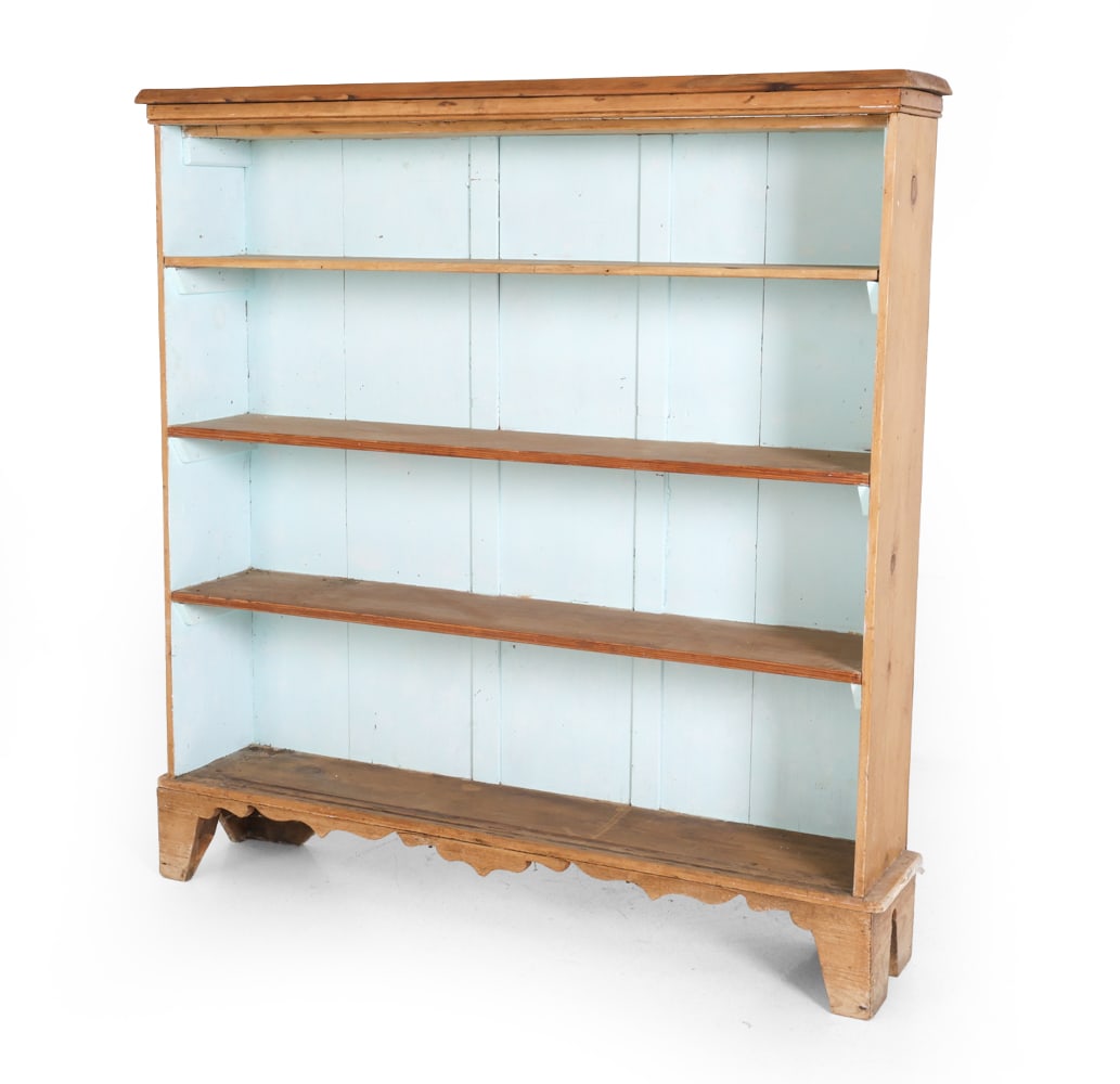 VINTAGE PINE PAINTED BOOKCASE: Dimensions: H 56.5" x W 55" x D 11.25". Condition: Scuffs, scratches, and rubs. Surface soiling. Wear consistent with age and use.