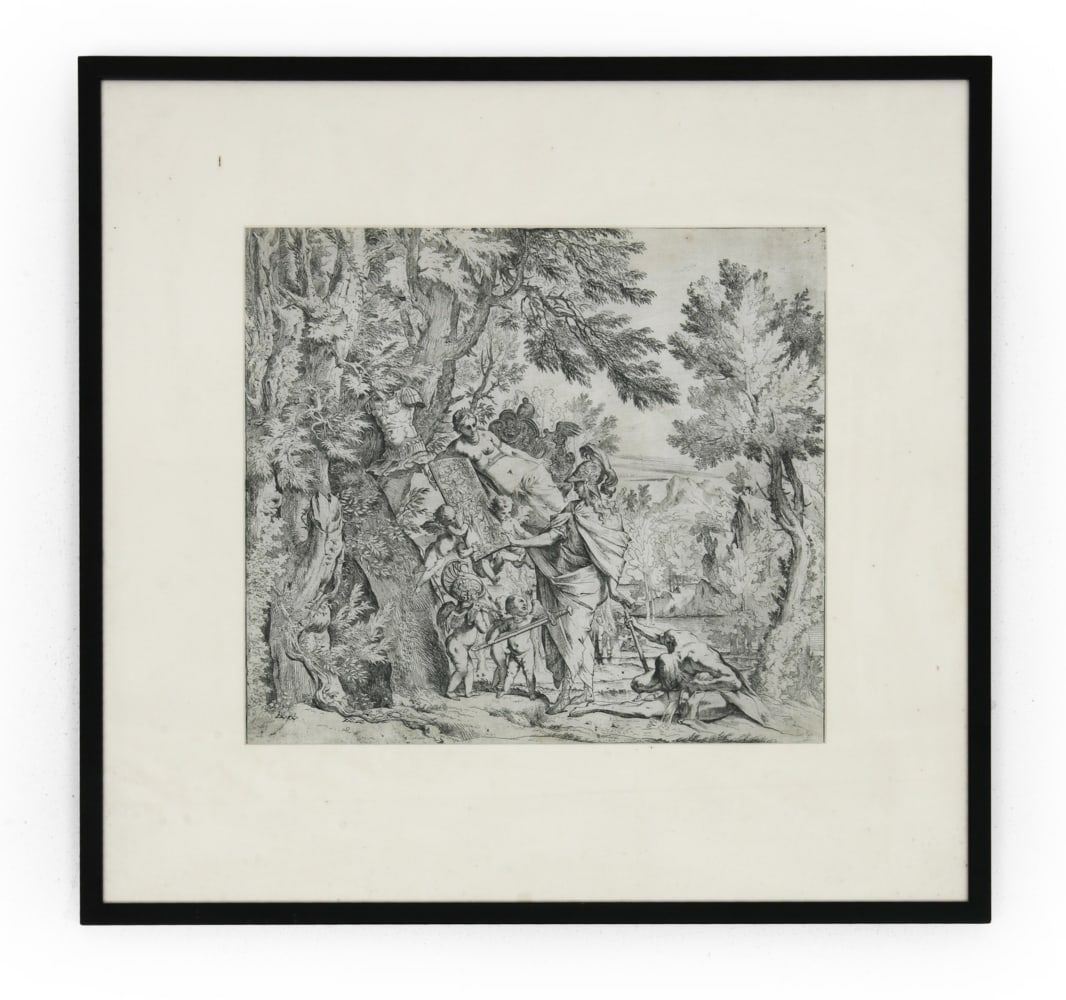 PIETRO TESTA REPRODUCTION VENUS PRINT: Reproduction print of "Venus Giving Arms to Aeneas". Dimensions: Frame H 23.5" x W 24.75". Sight H 14" x W 16". Condition: Not examined out of frame. Light scuffs to frame. Wear consistent with age