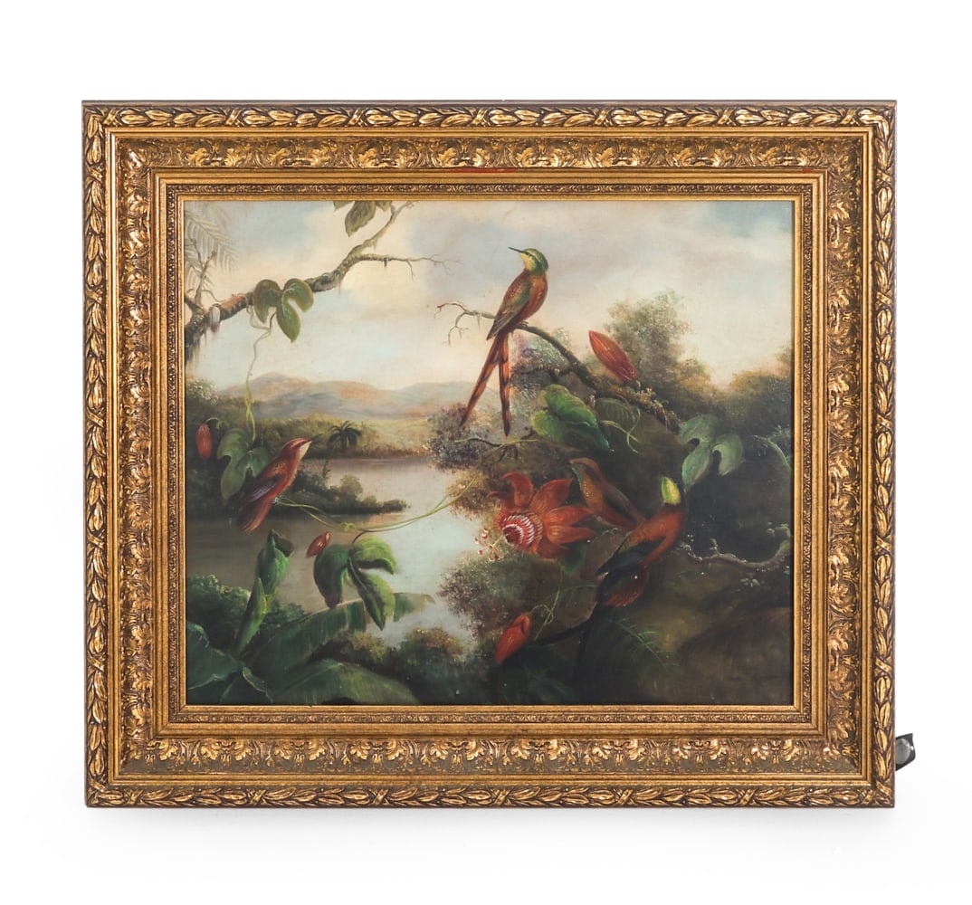 AFTER MARTIN JOHNSON HEADE O/C PAINTING: Reproduction of Martin Johnson Heade by M. Redman. SIgned on bottom right hand corner. O.c. Dimensions: (Frame) H 27.5" x W 31" (Canvas) H 19" x W 23.25" Condition: Scuffs to frame. Marks on canvas.