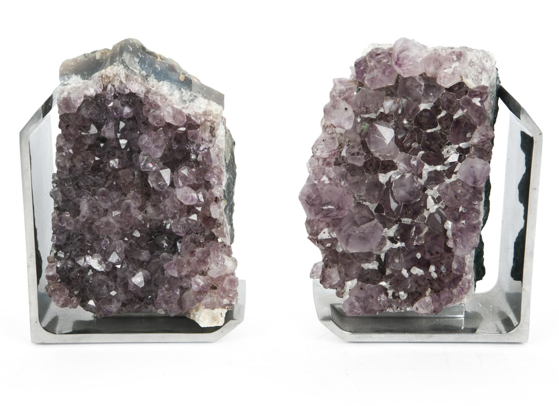 AMETHYST CLUSTER BOOKENDS BY RABLABS NYC: Brand is RabLabs by Anna Rabinowicz. NYC, circa 2002. Dimensions: H 6" x W 4" x D 2" Condition: Minimal scuffs on metal piece. Wear consistent with age and use.
