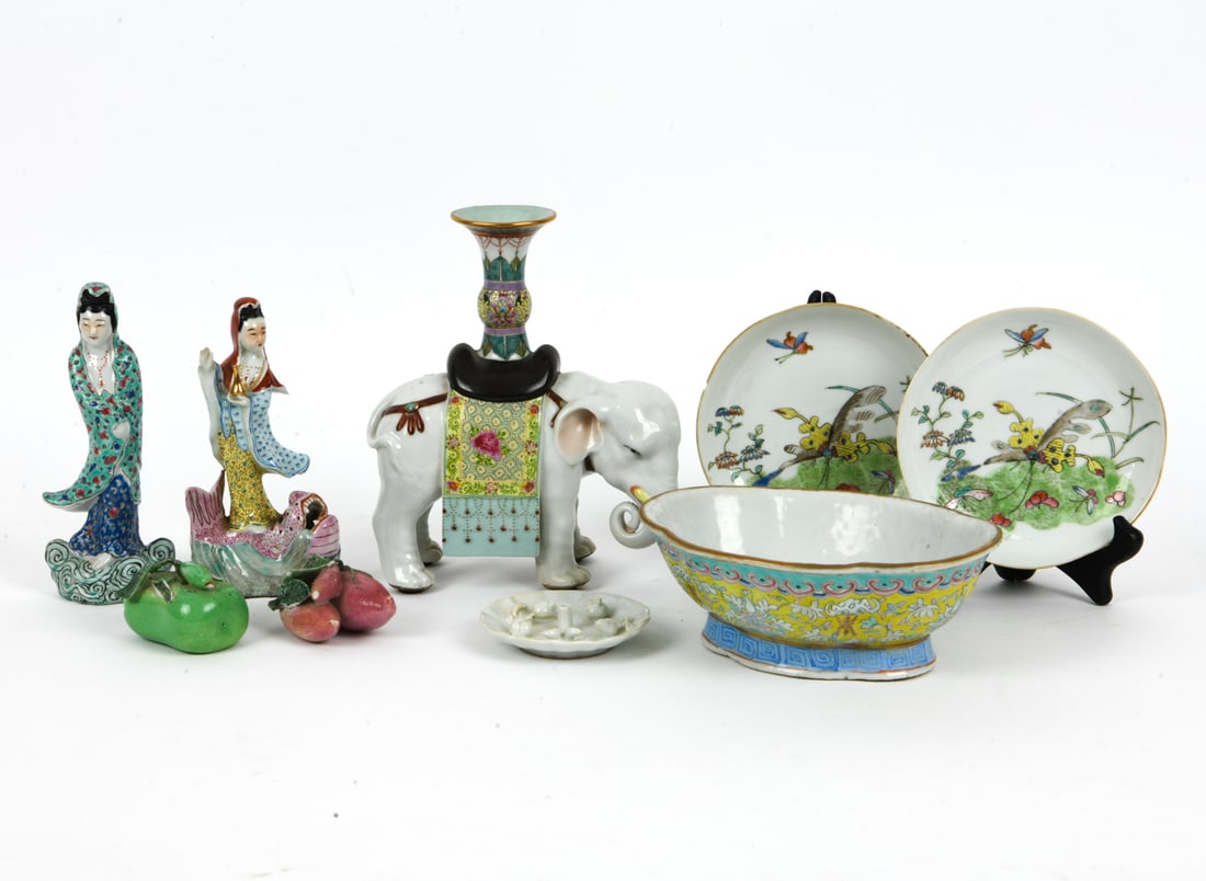 (8) CHINESE PORCELAIN GROUPING: China, circa 19th century. Some marked. Dimensions: (Tallest) H 8.5" x W 6.5" x D 3" Condition: Some with chips and wear to finish. Wear consistent with age and use.