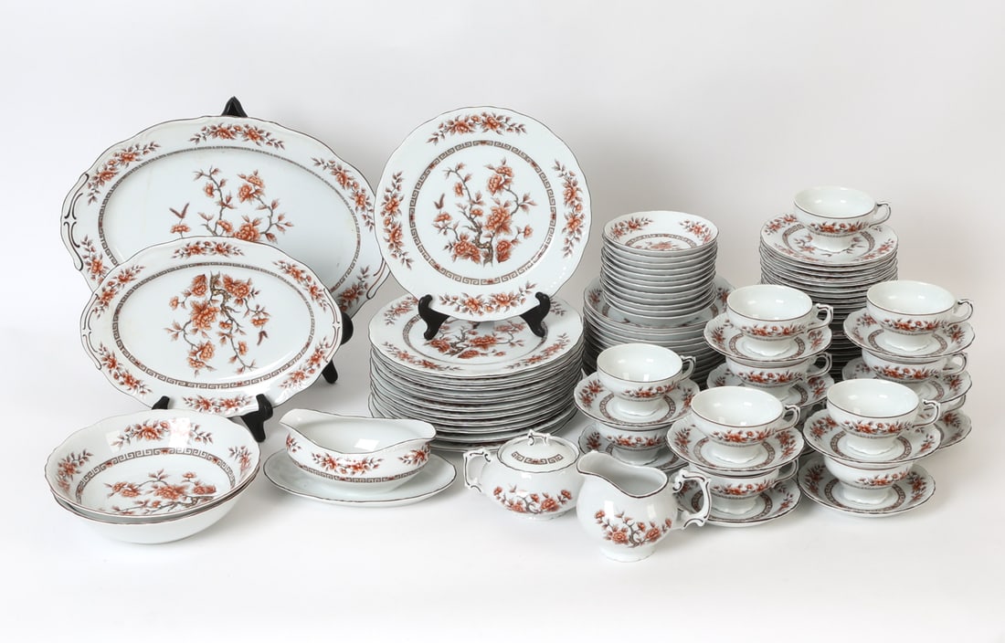 SONG OF INDIA BY HARA PORCELAIN SERVICE: Including: large serving plate, small serving plate, (2) soup bowls. sugar bowl, creamer, sauce bowl with plate, (13) tea cups, (24) saucers, (12) desert plates, (12) entree plates, (12) soup bowls. M