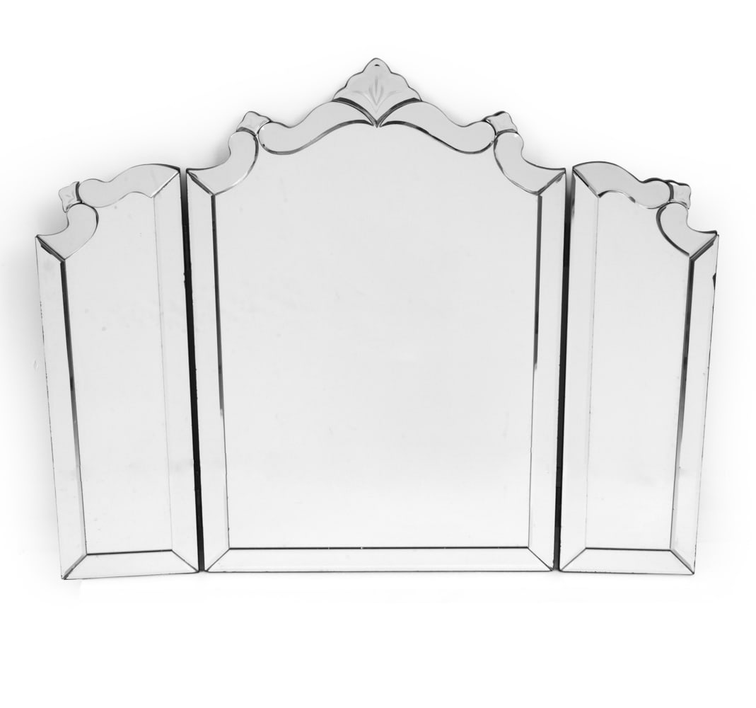 VENETIAN STYLE TRYPICH BEVELED GLASS MIRROR: Contemporary. Dimensions: H 29" x W 35.75". Condition: Faint scuffs and minor surface soiling. Wear consistent with age and use.