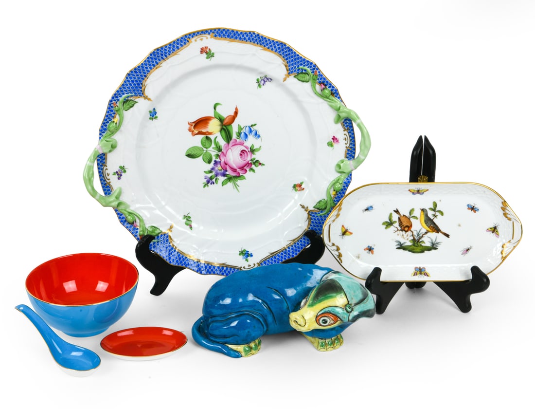DECORATIVE PORCELAIN INCL. HEREND, DIANE LOVE: Includes boxed set of Shanghai Tang bowl and soup spoon. All items with marks underneath. Dimensions: Platter Dia. 13.5". Box H 4.25" x W 11" x D 7.5". Condition: Light scuffs, wear consistent with ag