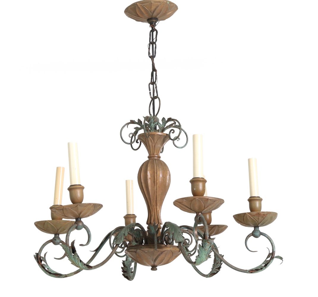 TOLE METAL AND WOOD CHANDELIER: Spain, 20th century. Dimensions: H 30" x W 24.5" Condition: Chips and scratches on wood. Wear consistent with age and use.
