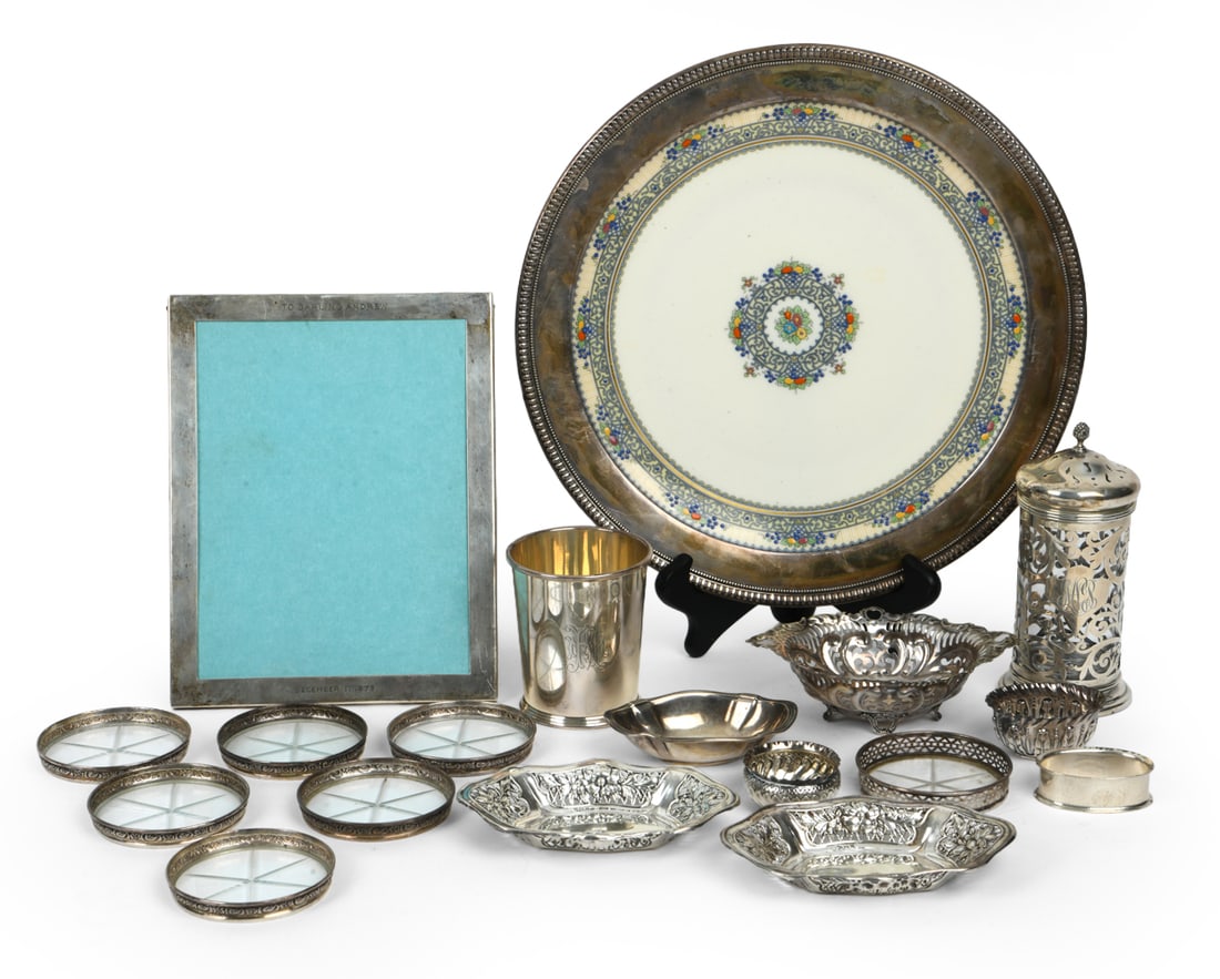 STERLING SILVER GROUPING: All items marked. Total Weighable Silver: 12.57 ozt. Dimensions: Platter Dia. 13.5". Condition: Scuffs and areas of tarnish. Wear consistent with age and use.