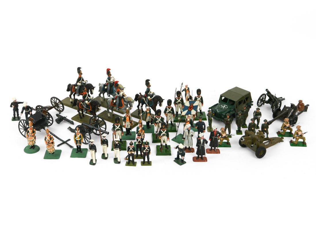 ANTIQUE HAND PAINTED LEAD SOLDIERS: Dimensions: Largest H 4.75" x W 5" x D 1.75". Condition: Light scuffs and rubs to painted finish. Wear consistent with age and use.