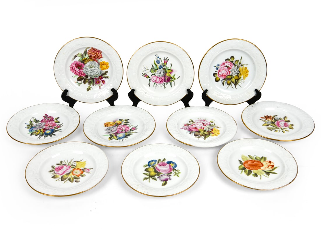 (10) GERMAN PAINTED PORCELAIN PLATES: Germany, 1920s-40s Dimensions: Dia. 8" Condition: Loss of finish to gold trim on edges, Faint surface soiling, Wear consistent with age and use.