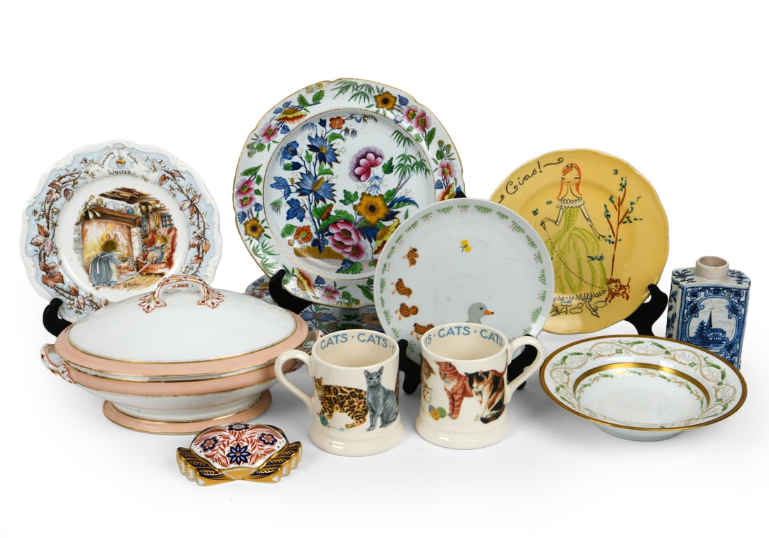 GROUPING OF PORCELAIN: Dimensions: Largest H 7" x W 12.5" x D 7.5". Condition: Scuffs and minor surface soiling. Wear consistent with age and use. Multiple cracks and finish losses to blue and white ceramic vessel.