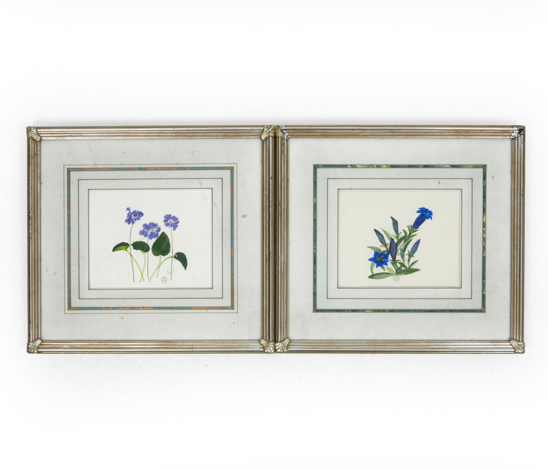 PAIR OF FLORAL WATERCOLORS: Dimensions: (frame) H 14" x W 14" (print) H 6" x W 7" Condition: Scuffs and wear of finish on frame. Wear consistent with age and display.