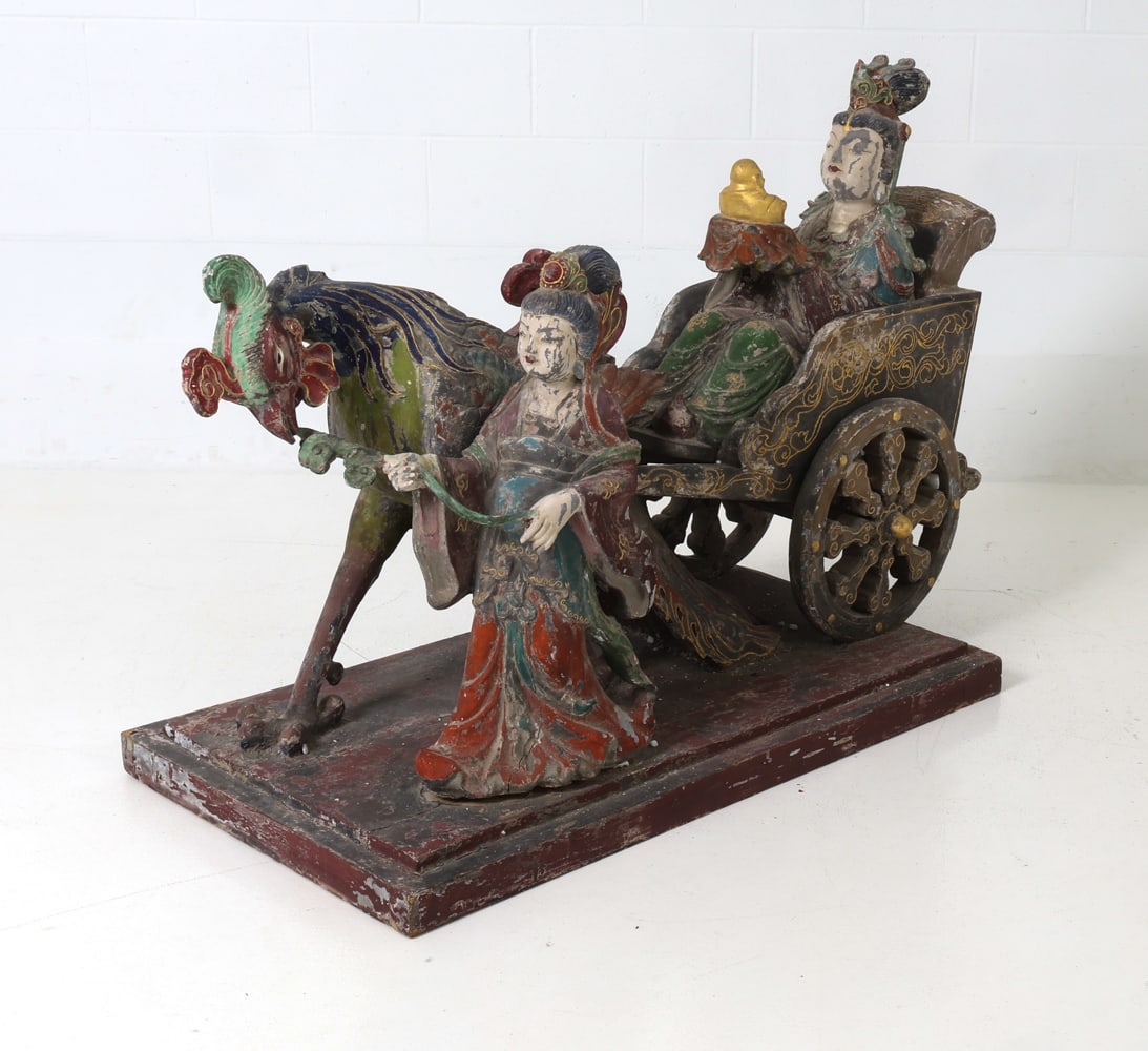 LARGE CHINESE SCULPTURE OF CHARIOT: Chinese carved and painted wooden sculpture of a rooster-headed horse drawn carriage with figures from dynasties, depicts a Wedding Carriage or Palace Chariot with a gilt Budai (Laughing Buddha)