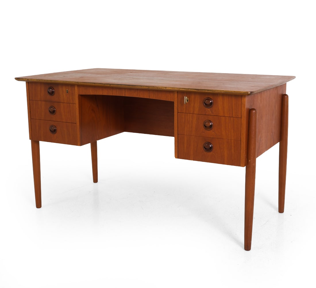 ATTR P. A. NIELSEN DANISH TEAK WRITING DESK: Key included. Denmark, circa 1960s. Dimensions: H 29.5" x W 52.5" x D 29.5". Condition: Scuffs and scratches, wear consistent with age and use. Finish loss to edge. F008