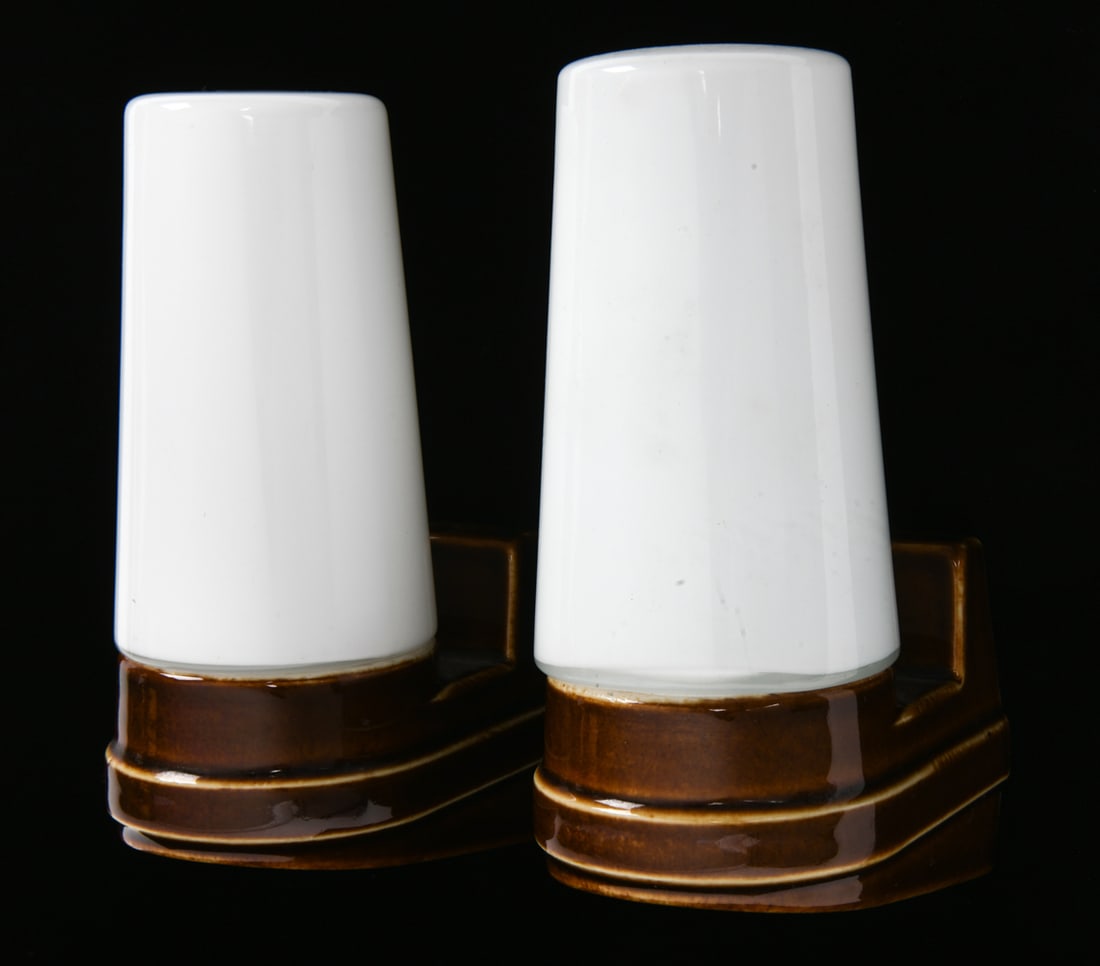 SIGVARD BERNADOTTE IFO PAIR OF CERAMIC SCONCES: Apparently unmarked. Pair of ceramic wall sconces with opaline glass shades. Sweden, circa 1960s. Dimensions: H 7" x W 3.25" x D 4.5". Condition: Wiring untested. Wear consistent with age and use.