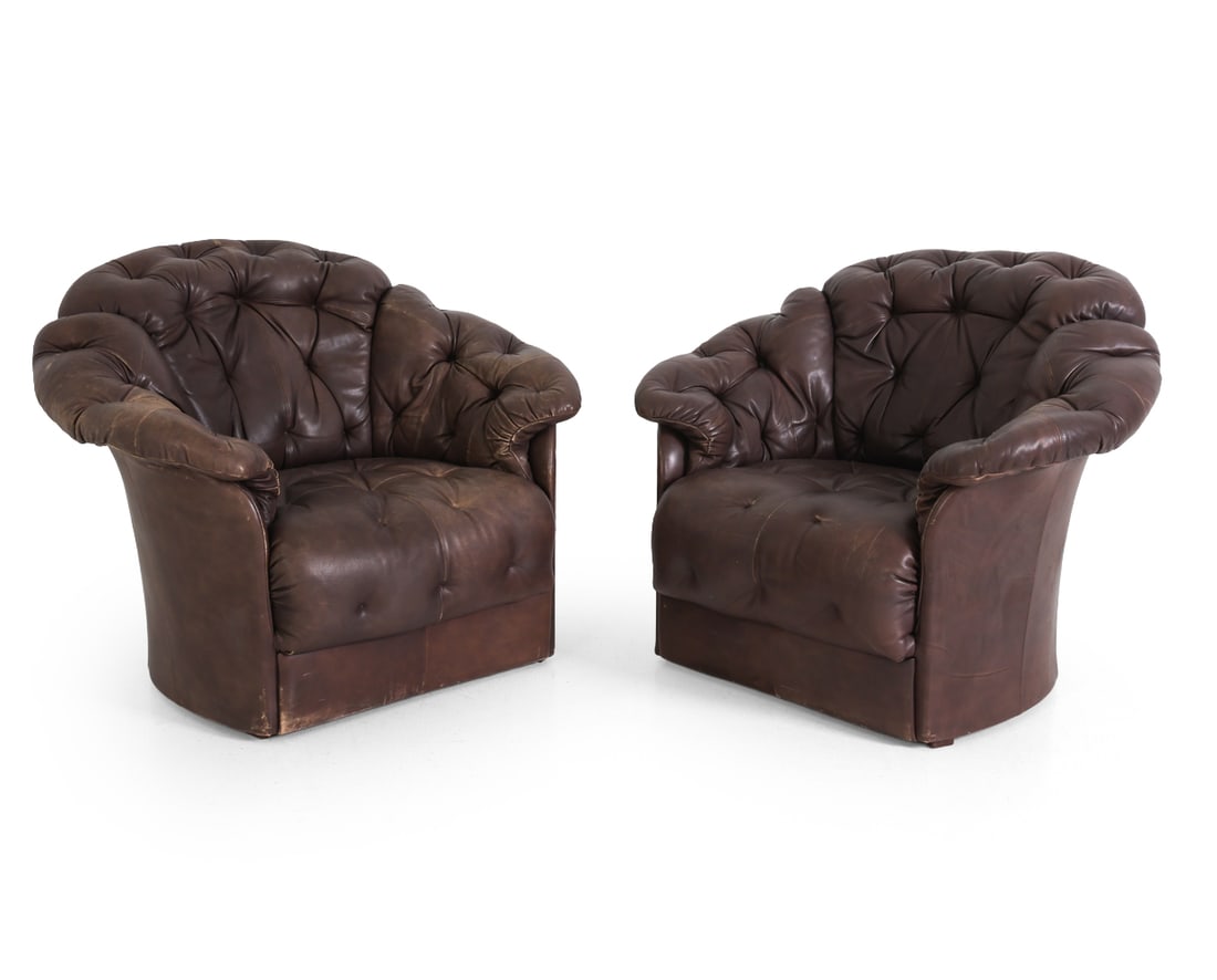 PAIR OF DANISH TUFTED LEATHER CLUB CHAIRS C. 1970S: Circa 1970s. Dimensions: H 33.5" x W 41.5" x D 33.5" x SH 15.5". Condition: Scuffs, rubs, and scratches to leather. Wear consistent with age and use. F060