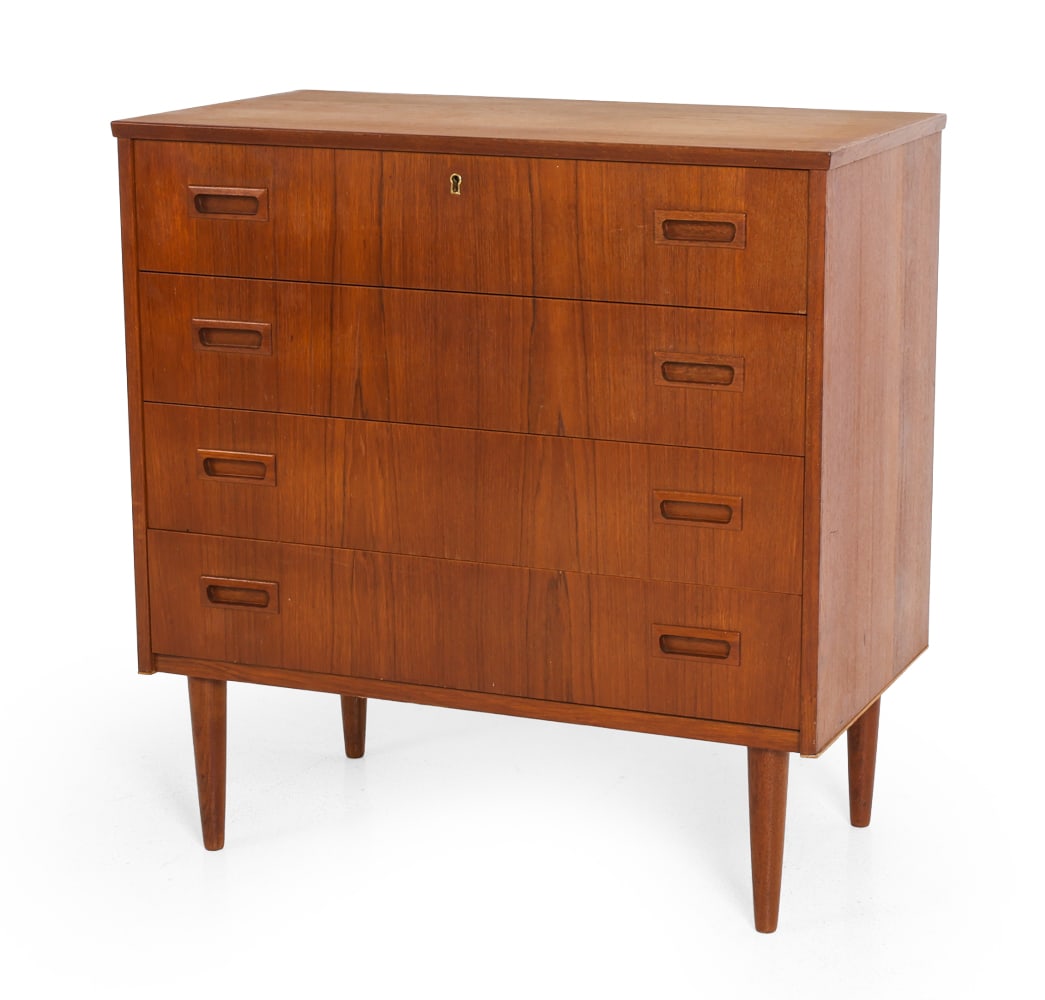 DANISH TEAK CHEST OF DRAWERS C. 1960S: Key included. Denmark, circa 1960s. Dimensions: H 31.5" x W 30" x D 16.25". Condition: Light scuffs and scratches. Sun fading to top. Wear consistent with age and use. F143