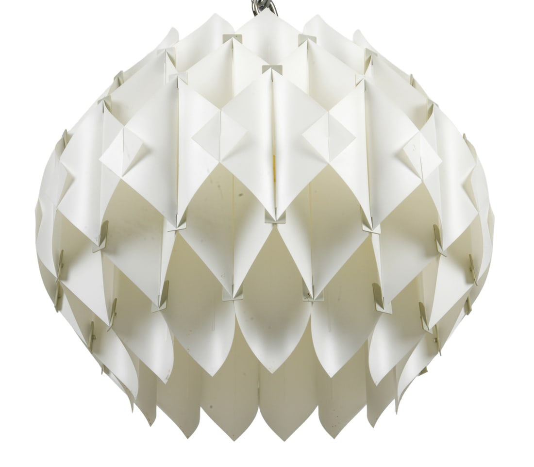 LARS EILER SCHIOLER HOYRUP BUTTERFLY PENDANT LIGHT: Apparently untagged. Denmark, circa 1960s. Dimensions: H 12" x Dia. 14.25". Condition: Wiring untested. Few spots of discoloration. Wear consistent with age and use.