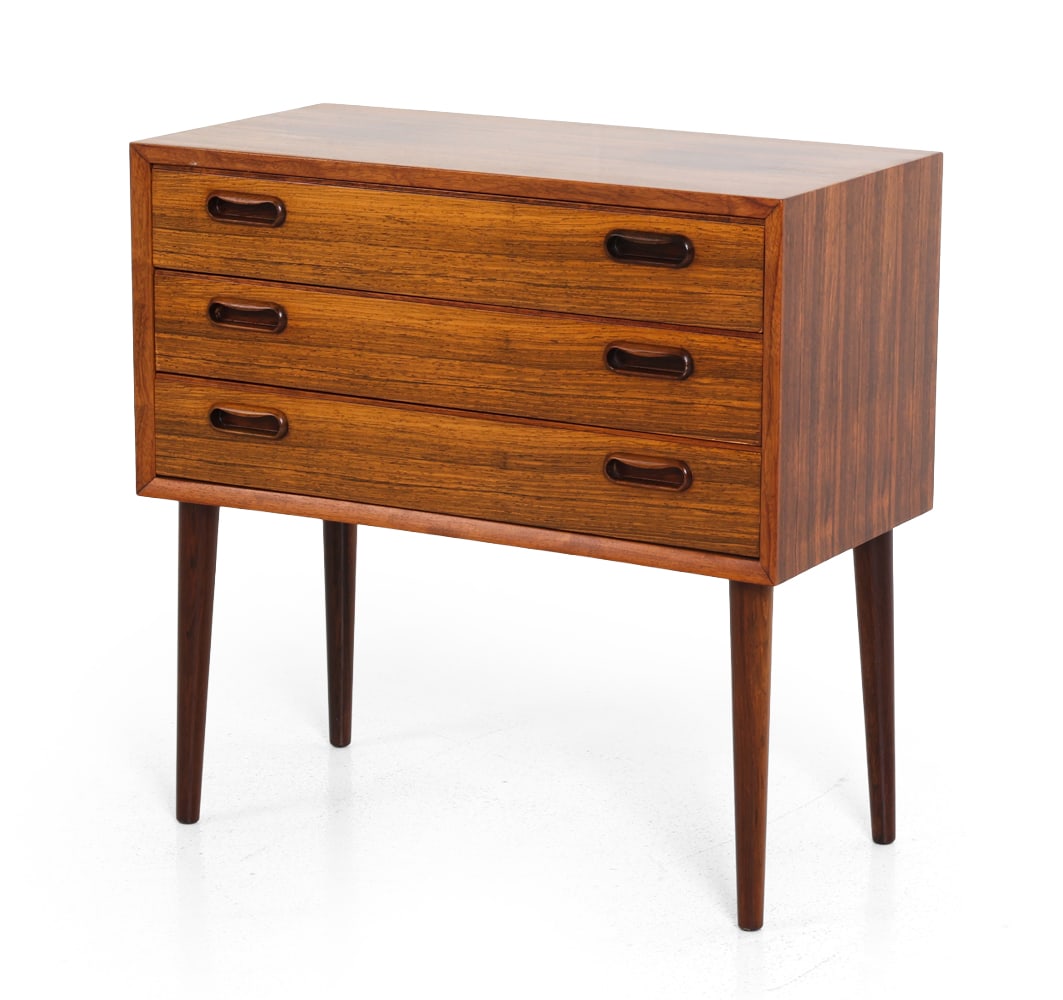 KAI KRISTIANSEN STYLE DANISH ROSEWOOD CHEST 1960S: Dimensions: H 23.25" x W 24" x D 12". Condition: Sun fading and water spots. Wear consistent with age and use.