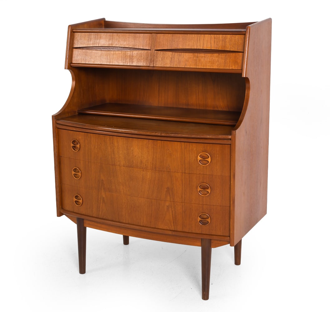 GUNNAR FALSIG FOR HOLSTEBRO TEAK SECRETARY DESK: Apparently unmarked. Denmark, circa 1970s. Dimensions: H 46" x W 35" x D 20". Condition: Water stains to desk surface. Tobacco odor. Scuffs and discolored markings inside drawers. Wear consistent