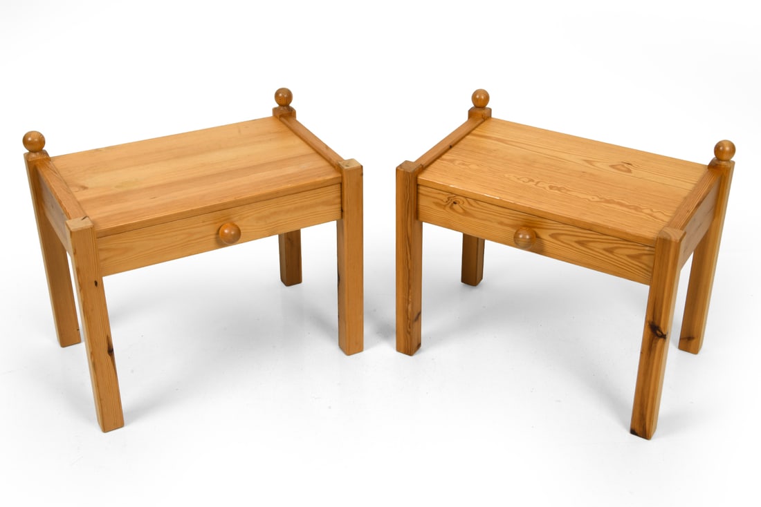PAIR OF SCANDINAVIAN PINE NIGHTSTANDS C. 1970S: Dimensions: H 20.25" x W 23.5" x D 15". Condition: Scuffs, scratches, and dings. Wear consistent with age and use. F134