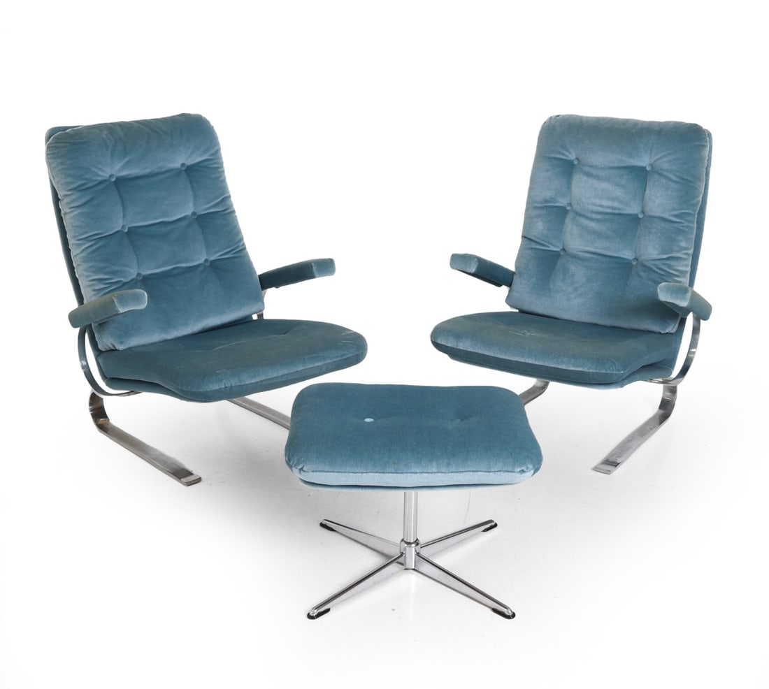 PAIR ITALIAN BLUE VELOUR LOUNGE CHAIRS & OTTOMAN (1 of 14)