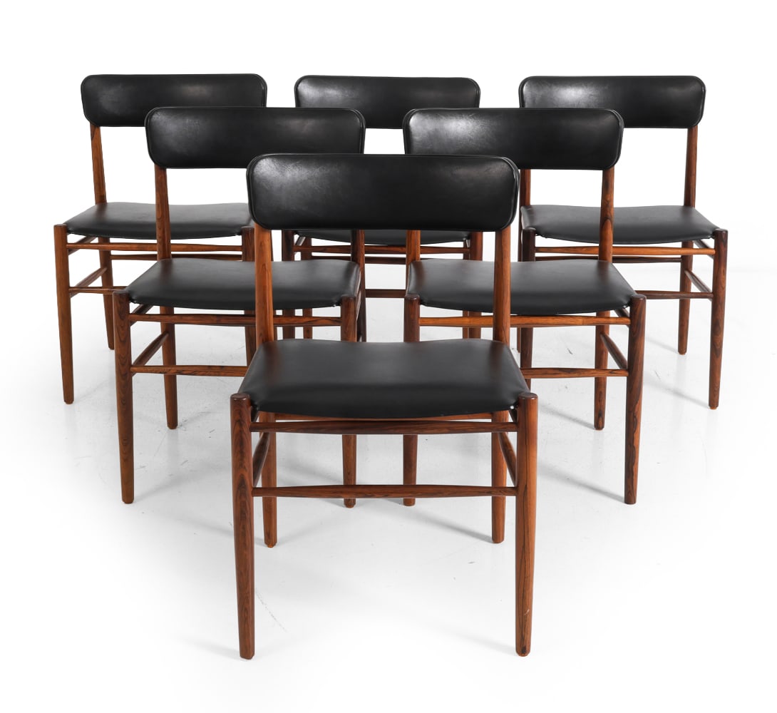 (6) SCANDINAVIAN ROSEWOOD DINING CHAIRS C. 1970S: Dimensions: H 13" x W 19.5" x D 18" x SH 17". Condition: Wear consistent with age and use. Minor scuffs, nicks to frame. F100